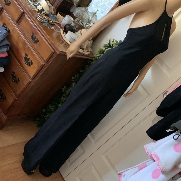 Vtg 90s black backless halter Empire stretch flare jumpsuit onesie pantsuit S M - Picture 5 of 13